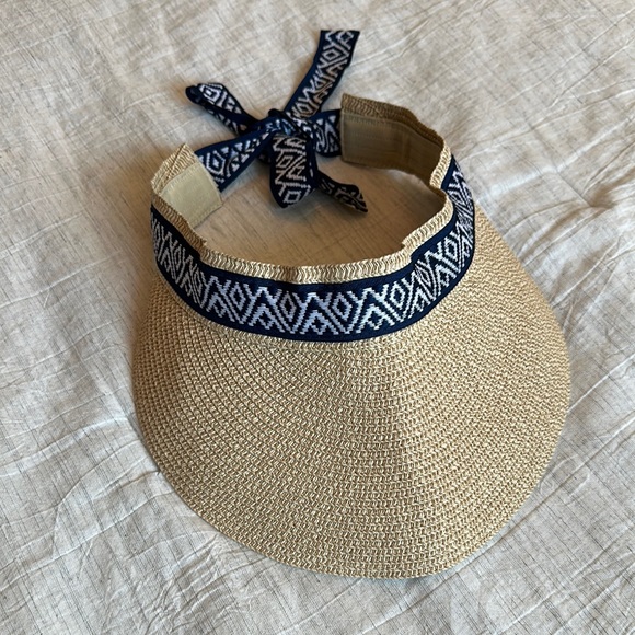 Sea & Grass Accessories - Sea & Grass Tan Straw Visor with Navy Blue and White Tie